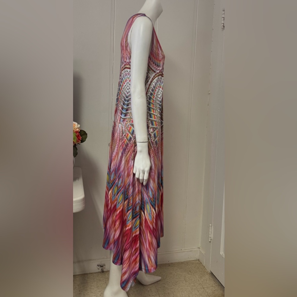 ONE WORLD STARAC Maxi Dress BOHO Crochet Lace Colorful Rainbow Abstract Print M - Picture 3 of 12